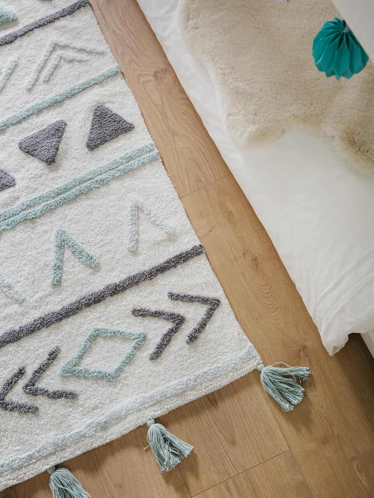 Tapis ethnique style kilim à franges enfant bleu et blanc en coton 80x120 cm