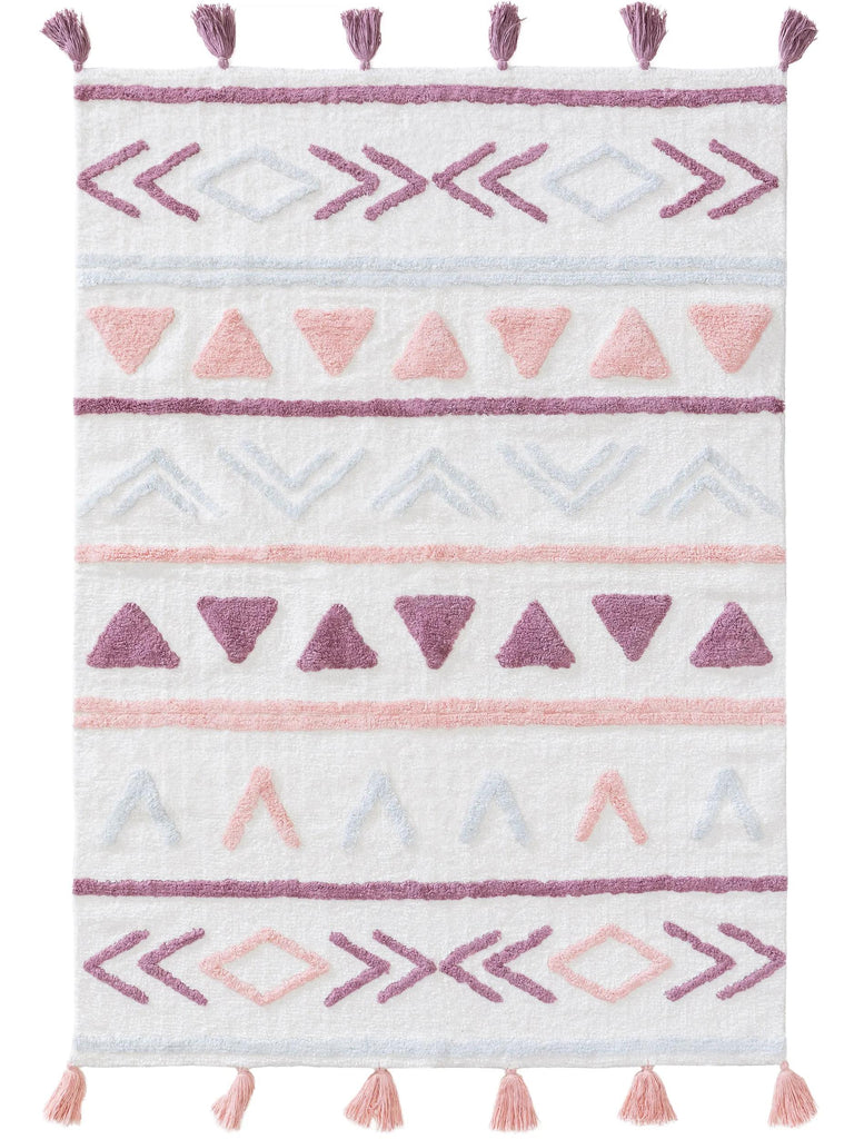 Tapis ethnique style kilim à franges enfant rose et blanc en coton 160x230 cm