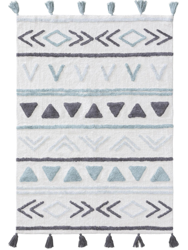 Tapis ethnique style kilim à franges enfant bleu et blanc en coton 160x230 cm