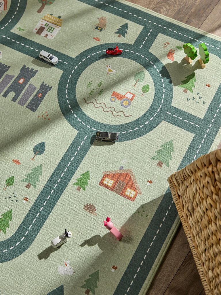 Tapis tapis de jeux voiture enfant vert 120x170 cm