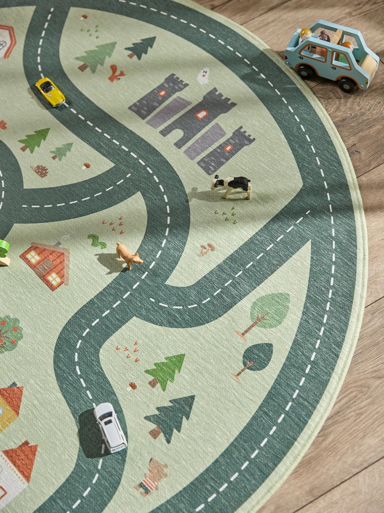 Tapis tapis de jeux voiture rond enfant vert 120 cm de diamètre