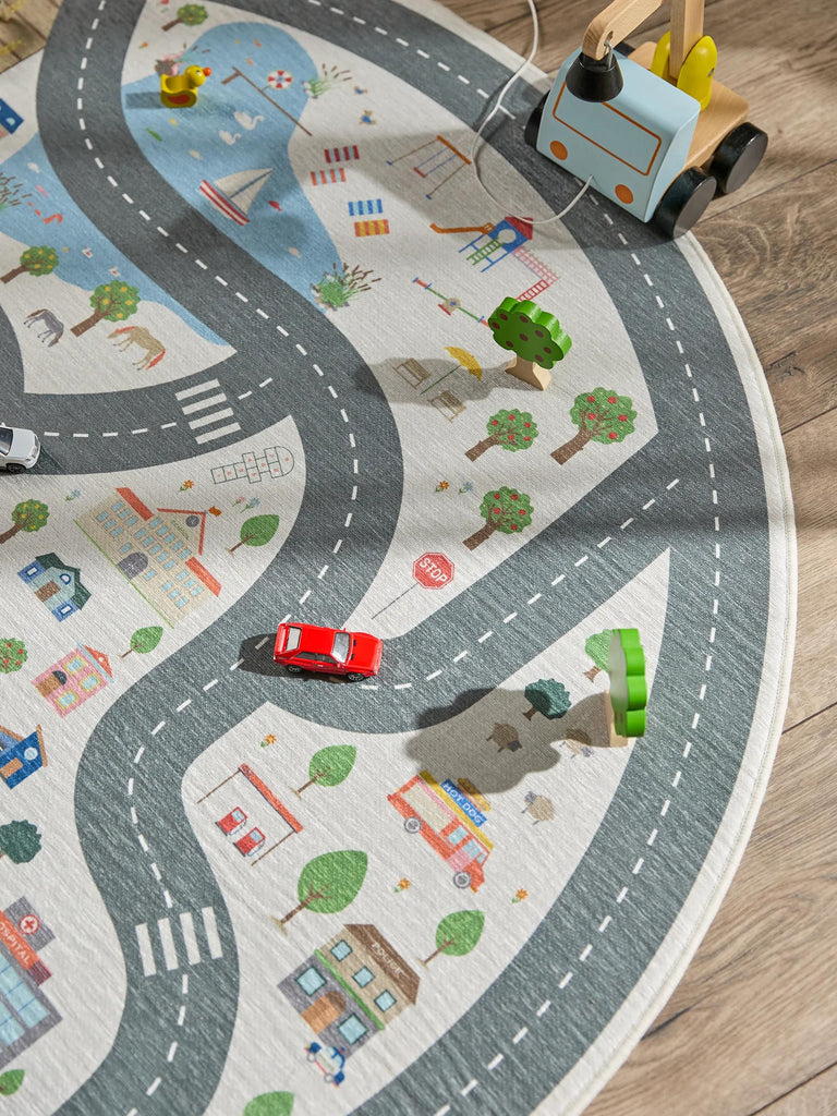 Tapis tapis de jeux voiture rond enfant crème 150 cm de diamètre