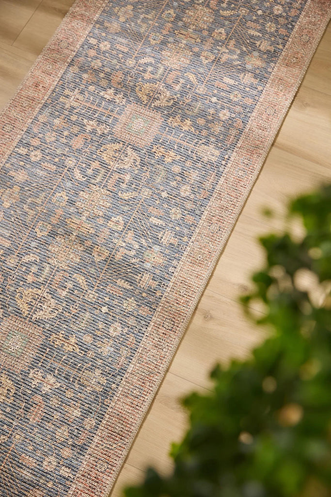 Tapis vintage inspiration bohème de couloir orange et bleu 80x250 cm