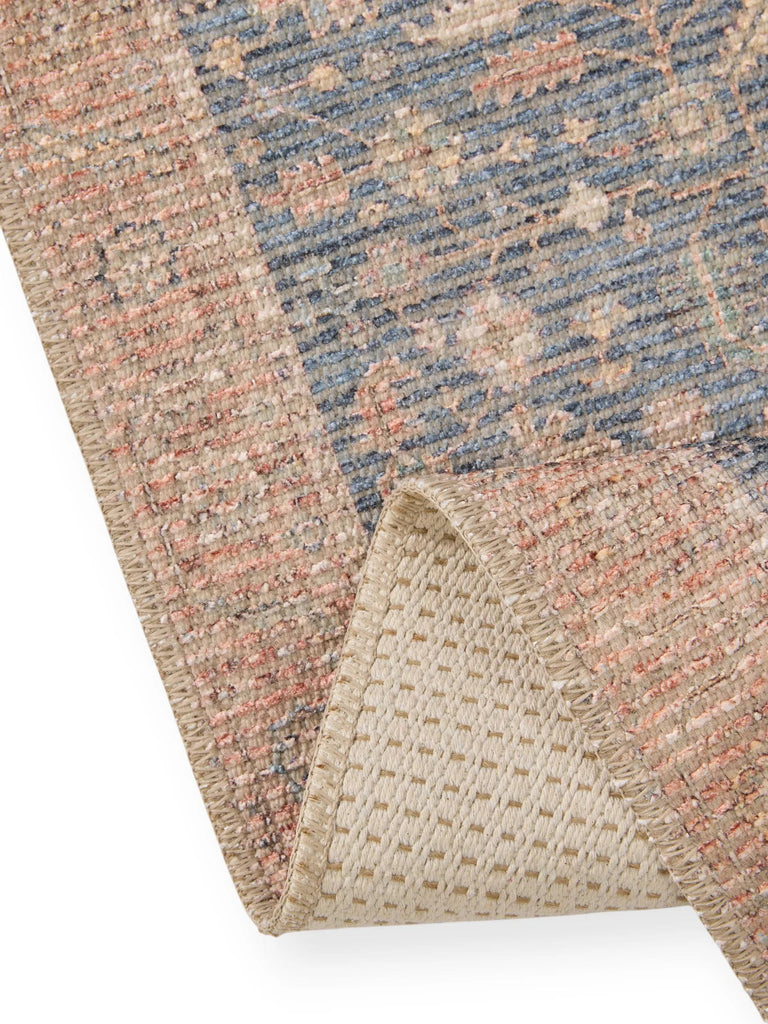 Tapis vintage inspiration bohème de couloir orange et bleu 80x250 cm