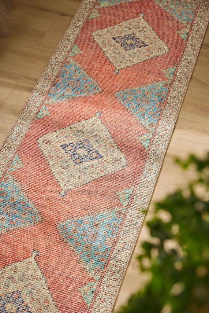 Tapis oriental style bohème de couloir rouge et bleu 80x250 cm