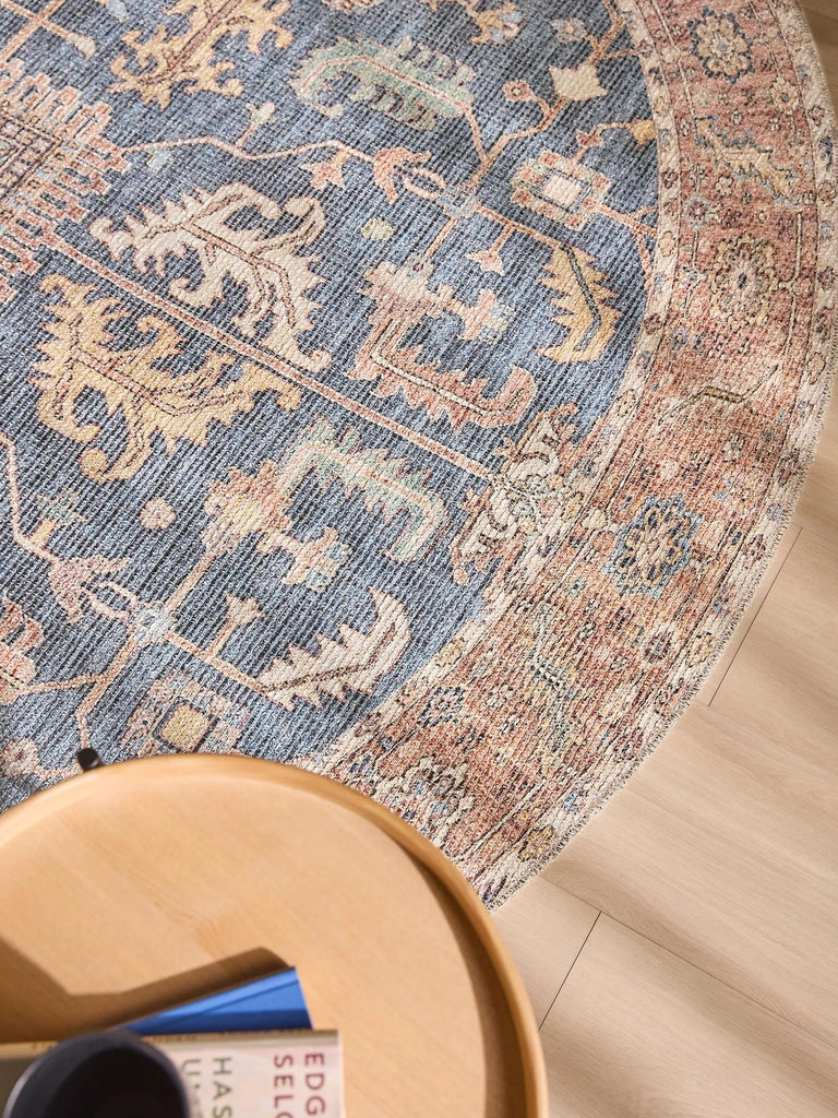 Tapis vintage inspiration bohème rond orange et bleu 240 cm de diamètre