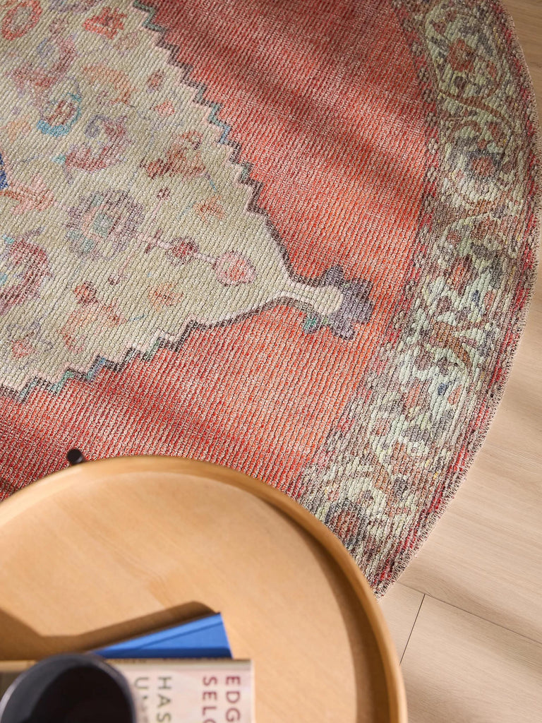 Tapis oriental style bohème rond rouge et bleu 240 cm de diamètre