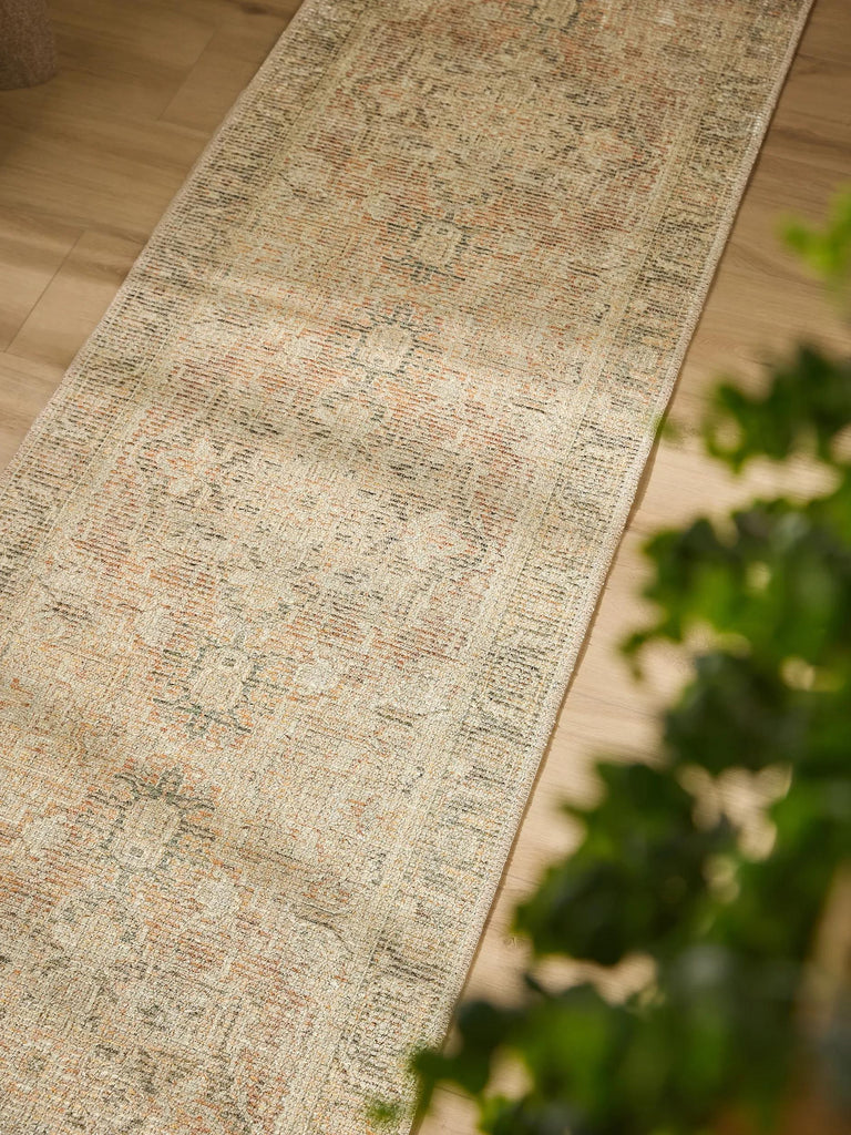 Tapis vintage motif à fleur de couloir beige 80x250 cm