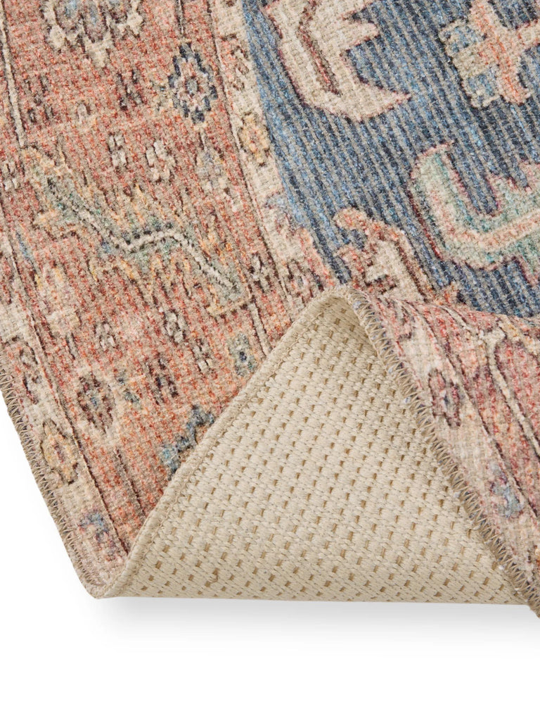 Tapis vintage inspiration bohème rond orange et bleu 240 cm de diamètre