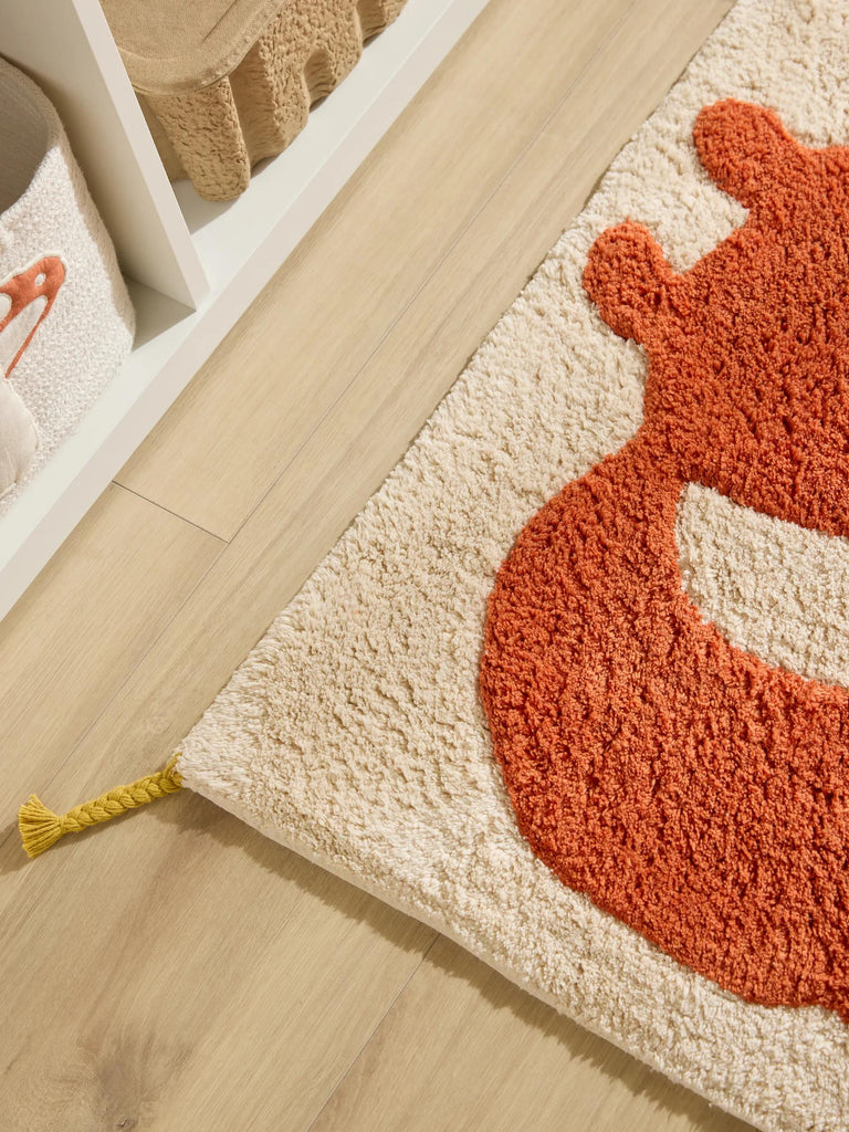 Tapis motif animal écureuil enfant beige et orange en coton 80x120 cm