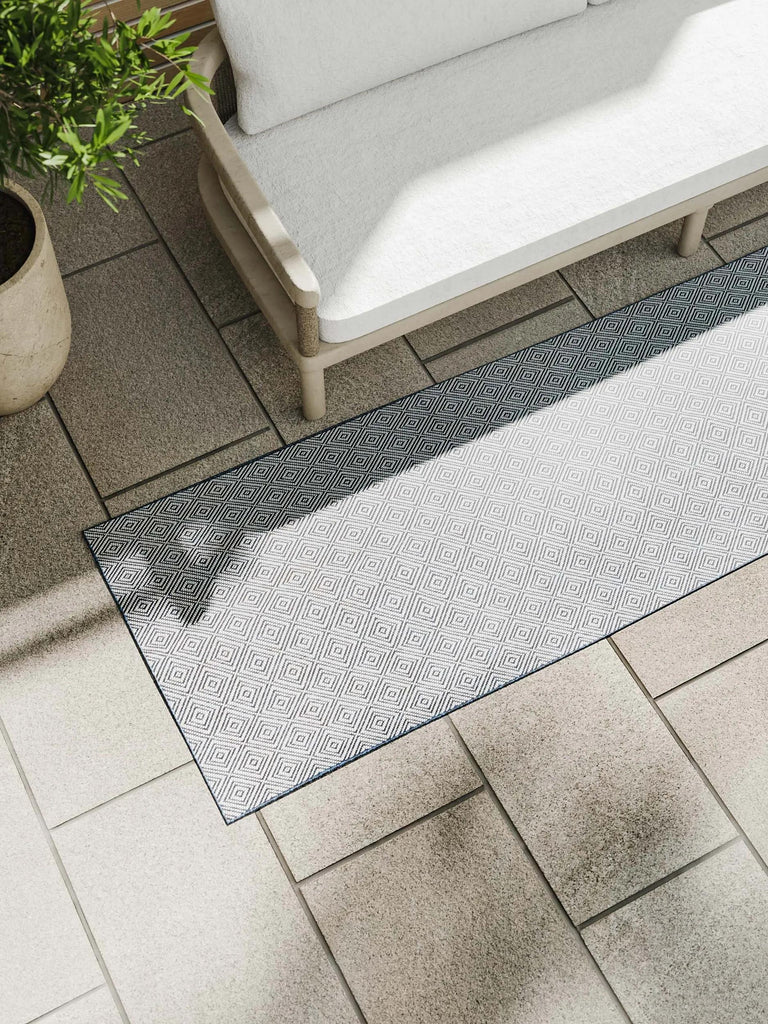 Tapis scandinave motif losange de couloir bleu d'intérieur et d'extérieur 70x200 cm