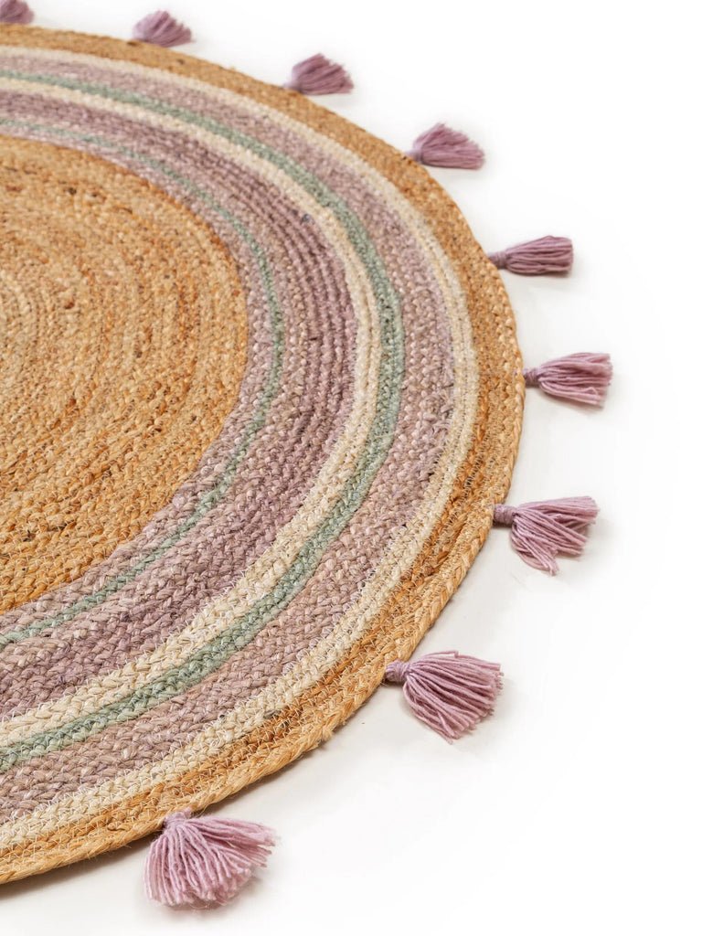 Tapis scandinave à franges rond enfant violet et marron en jute 115 cm de diamètre