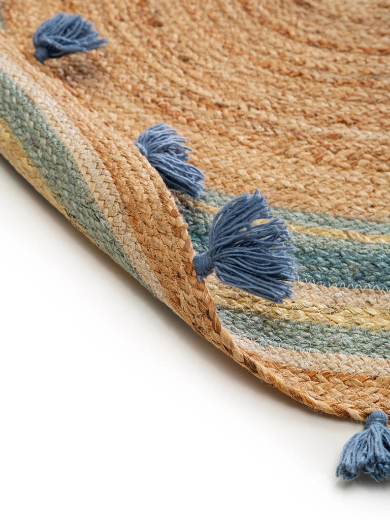 Tapis scandinave à franges rond enfant bleu et marron en jute 115 cm de diamètre