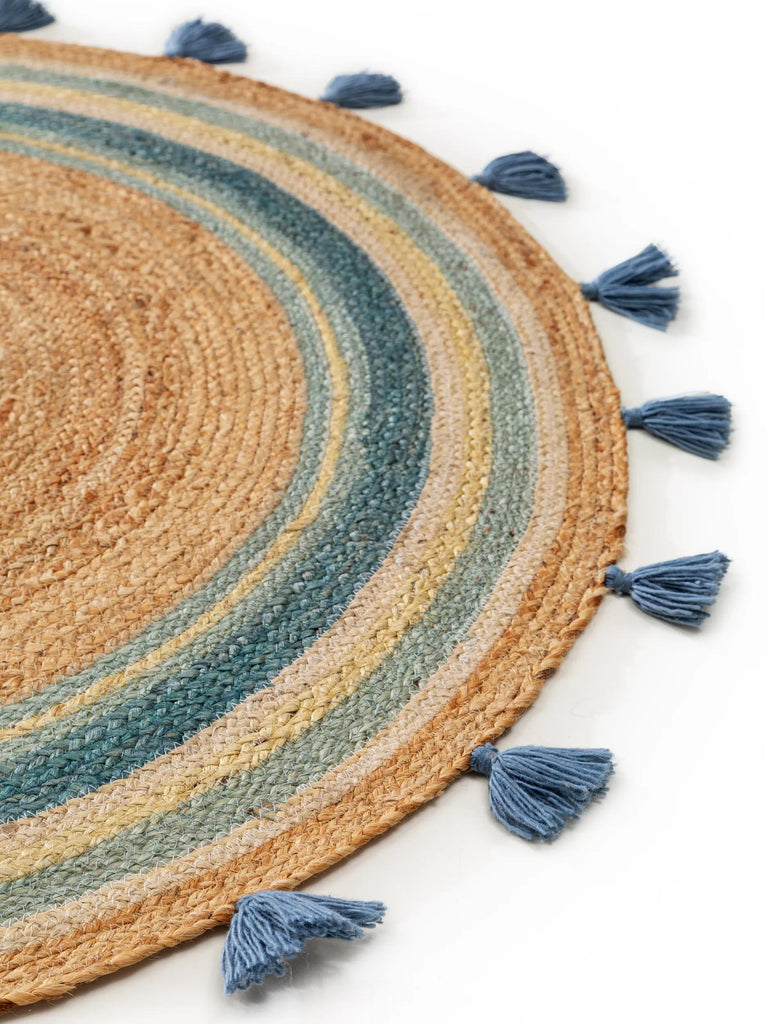 Tapis scandinave à franges rond enfant bleu et marron en jute 115 cm de diamètre