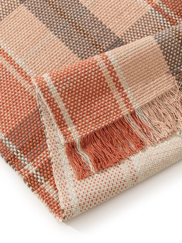 Tapis vintage trame tartan de couloir orange et gris en coton 70x200 cm