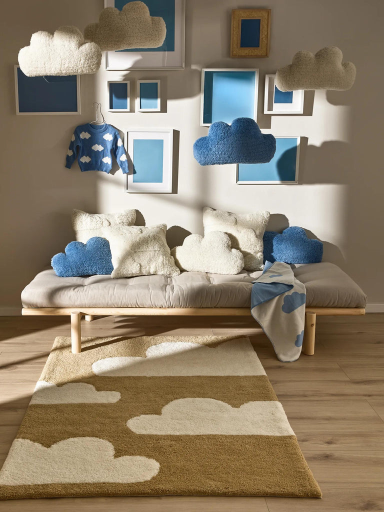 Tapis moderne motif nuage enfant jaune mourtarde et beige en laine 120x170 cm