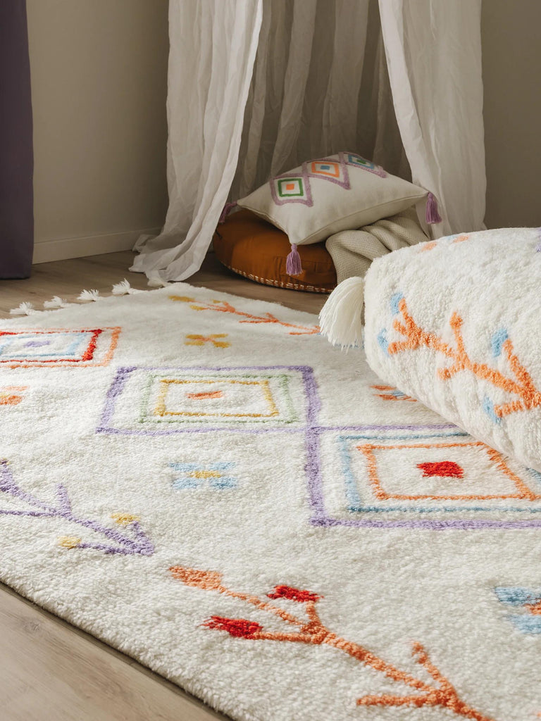 Tapis berbère à franges enfant orange et multicolore en laine 120x170 cm