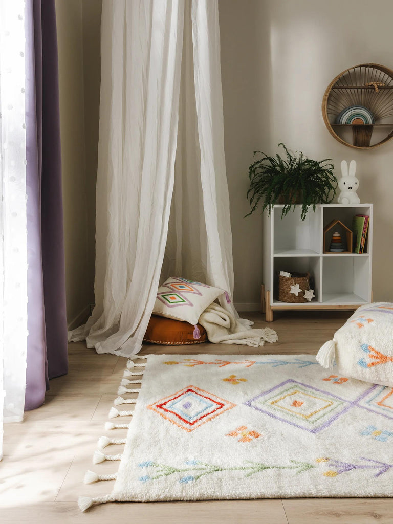 Tapis berbère à franges enfant orange et multicolore en laine 120x170 cm