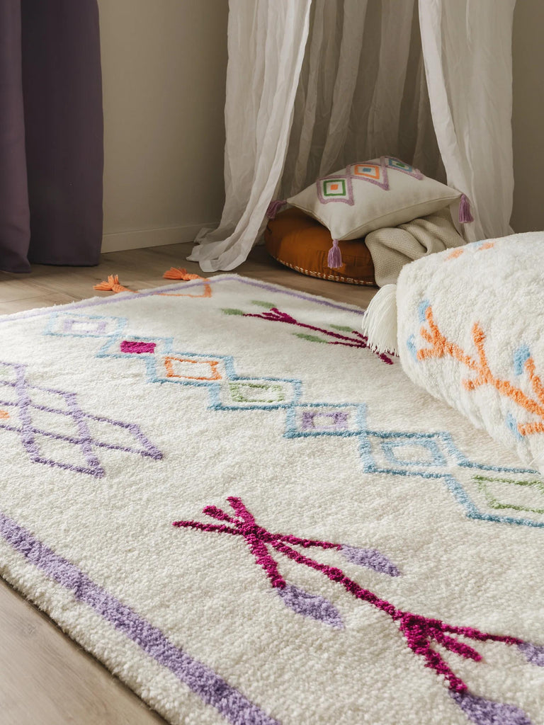 Tapis berbère à franges enfant violet et multicolore en laine 160x230 cm