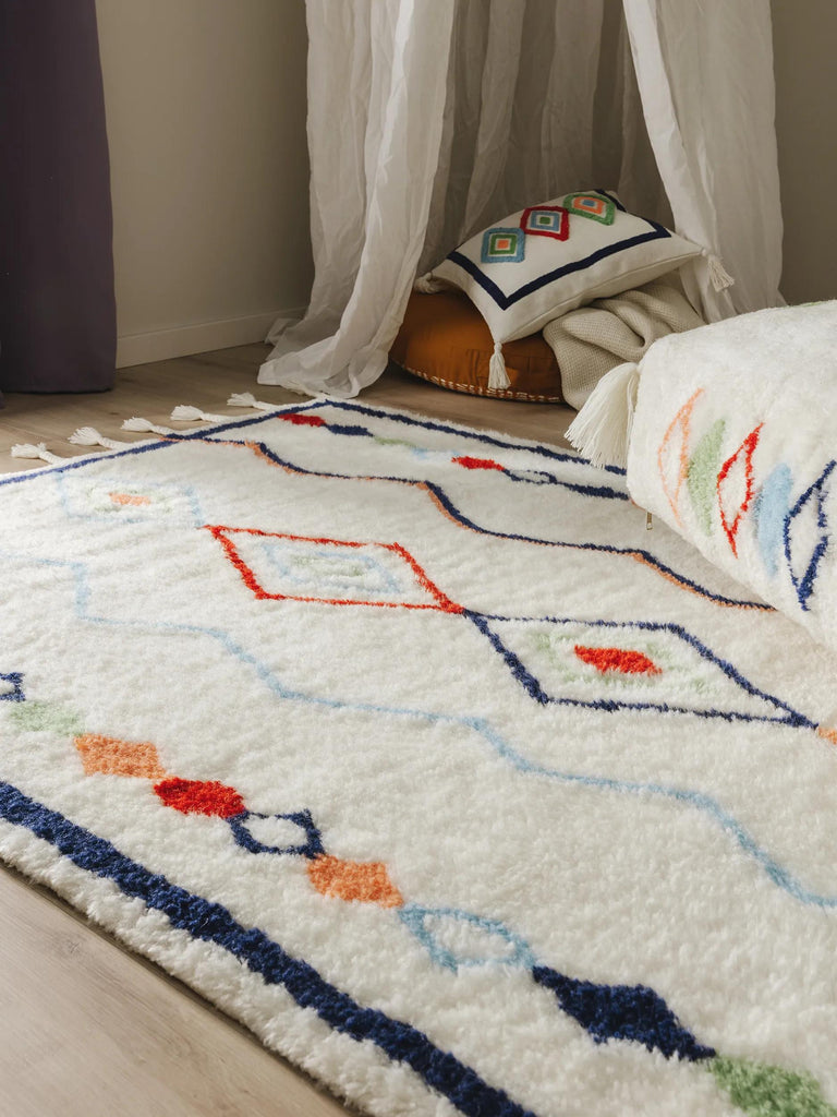 Tapis berbère à franges enfant bleu et multicolore en laine 160x230 cm