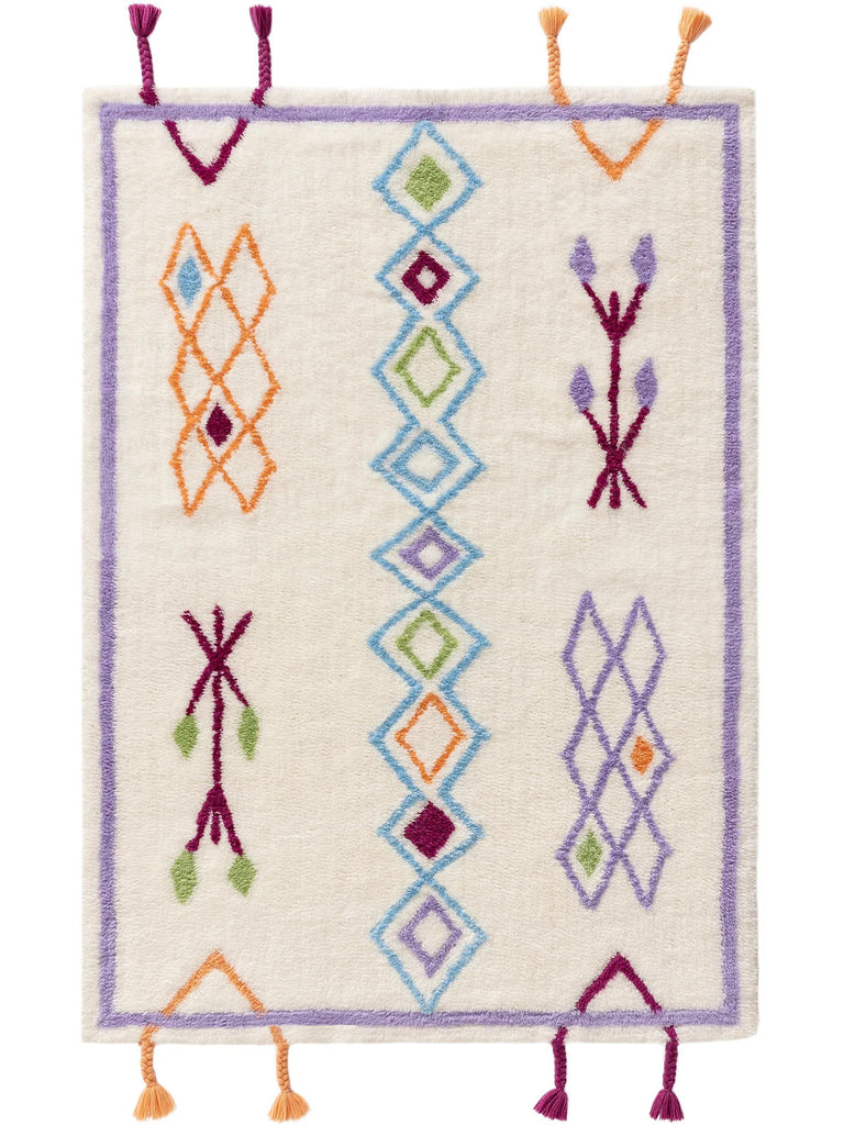 Tapis berbère à franges enfant violet et multicolore en laine 120x170 cm
