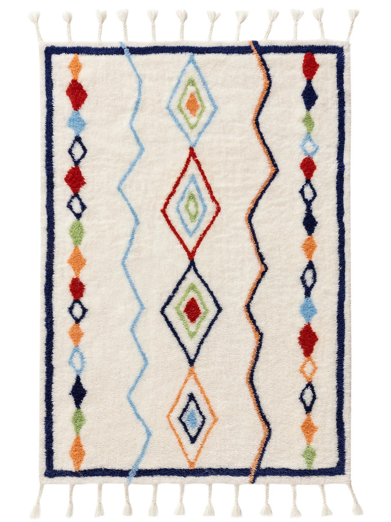 Tapis berbère à franges enfant bleu et multicolore en laine 120x170 cm