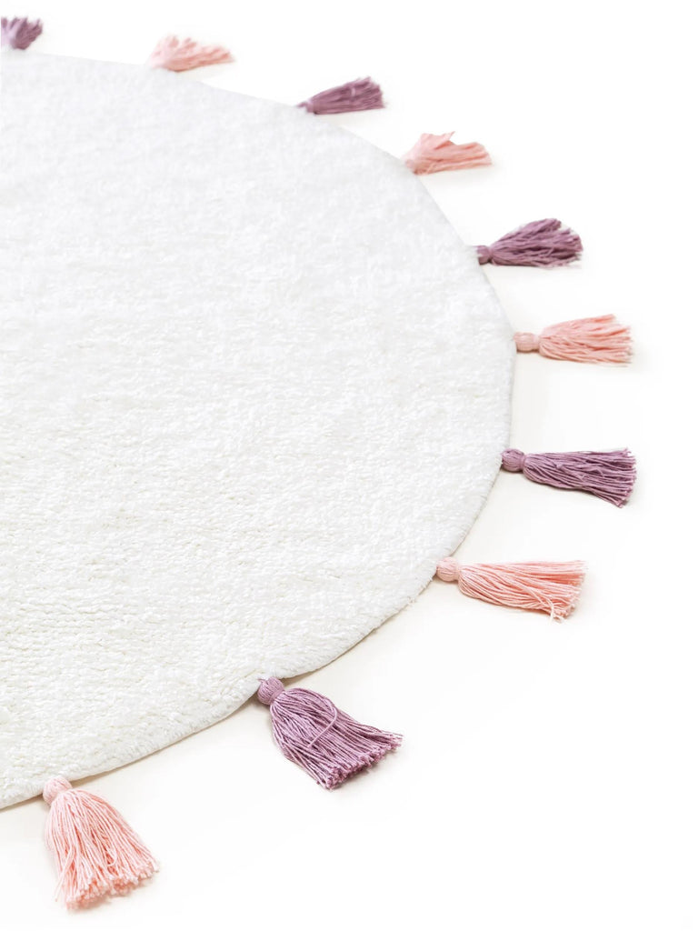 Tapis bohème à franges rond enfant blanc et rose en coton 80 cm de diamètre