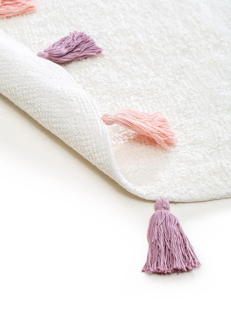 Tapis bohème à franges rond enfant blanc et rose en coton 80 cm de diamètre