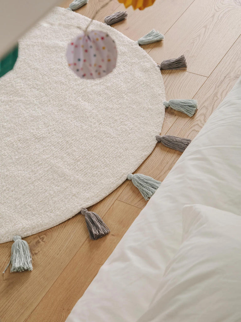 Tapis moderne à franges rond enfant blanc en coton 120 cm de diamètre