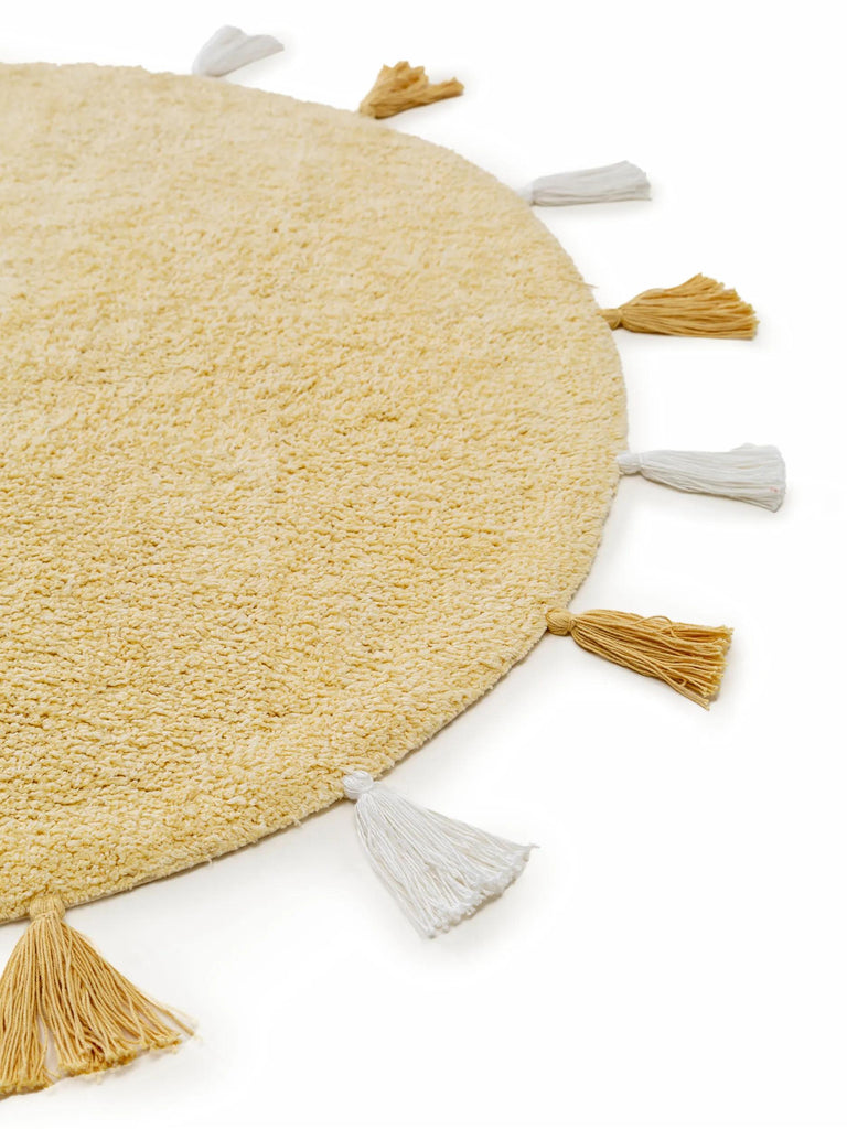 Tapis bohème à franges rond enfant jaune en coton 100 cm de diamètre