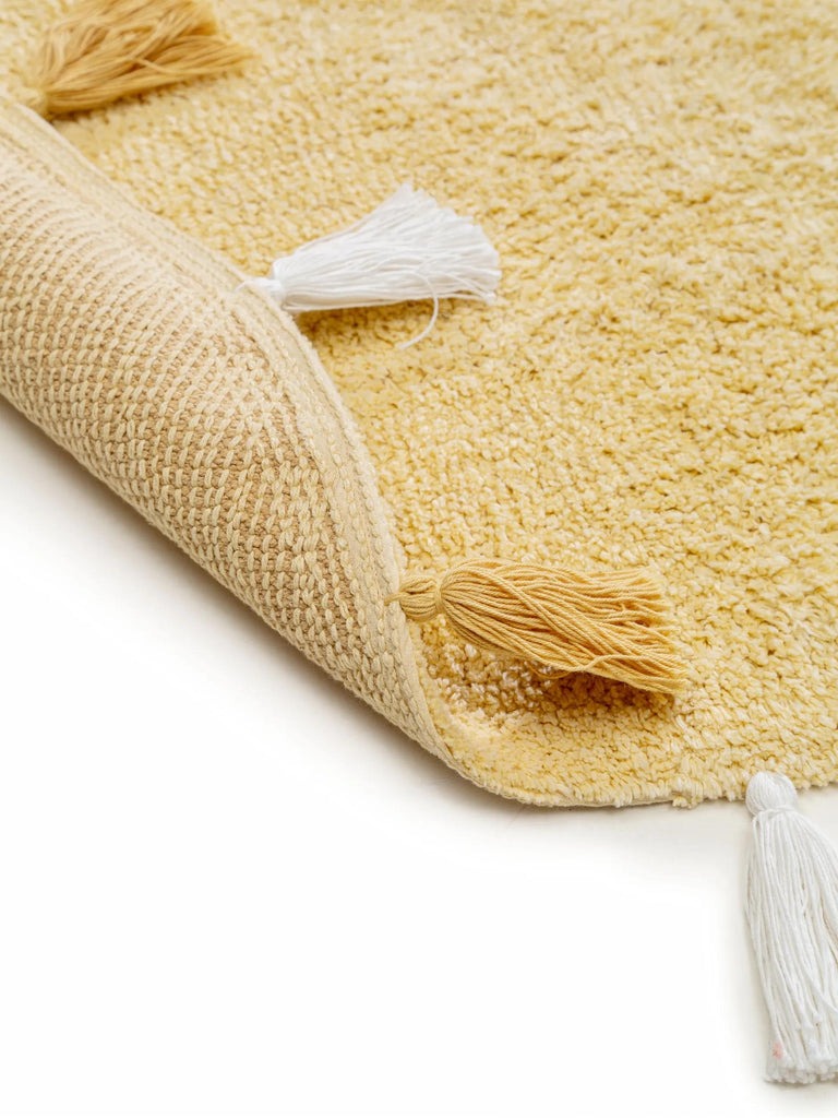 Tapis bohème à franges rond enfant jaune en coton 100 cm de diamètre