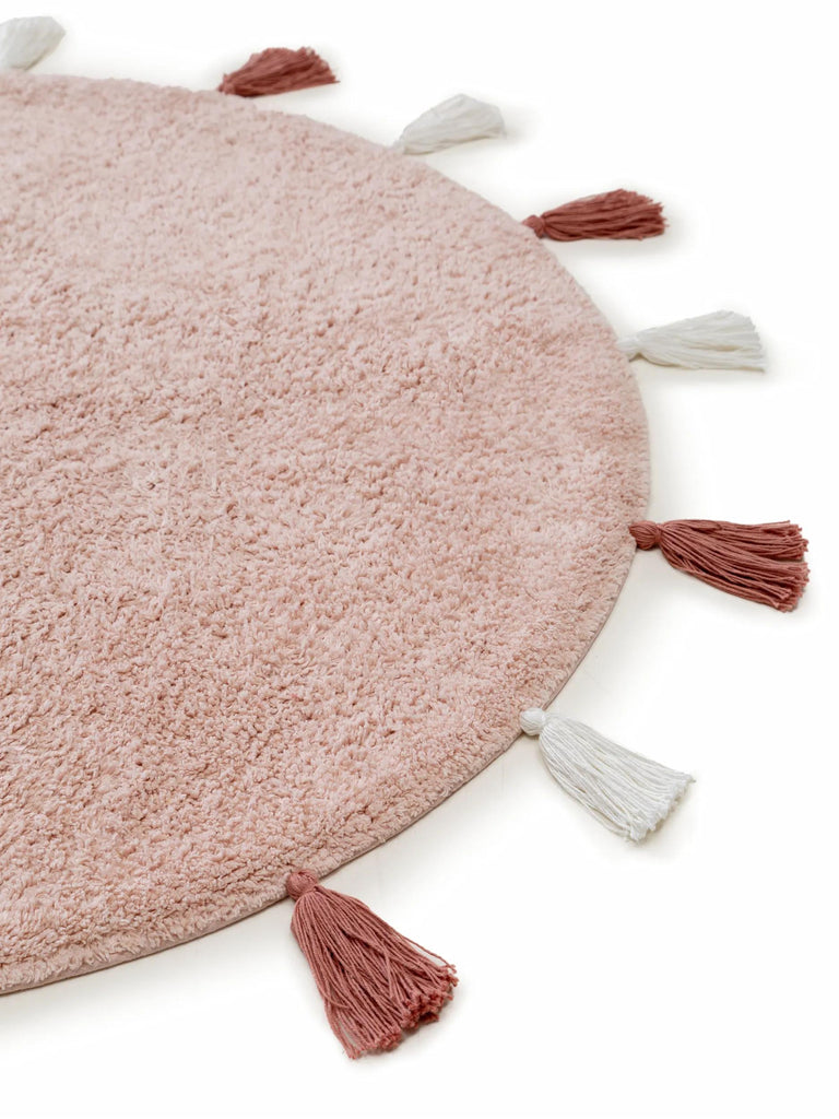 Tapis bohème à franges rond enfant terracotta en coton 100 cm de diamètre