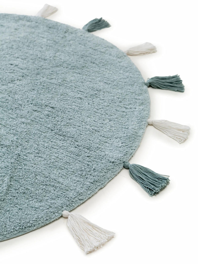 Tapis moderne à franges rond enfant bleu gris en coton 100 cm de diamètre