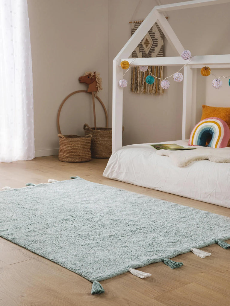 Tapis moderne à franges enfant bleu gris en coton 150x220 cm
