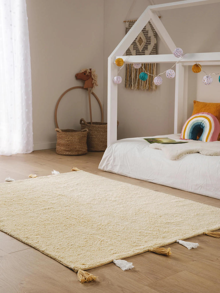 Tapis bohème à franges enfant jaune en coton 150x220 cm