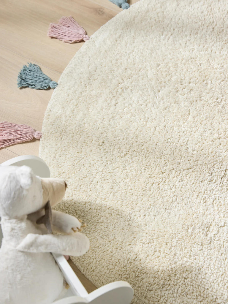 Tapis bohème à franges rond enfant crème en coton 80 cm de diamètre
