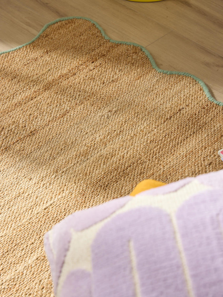 Tapis scandinave motif vague marron et turquoise en jute 120x170 cm