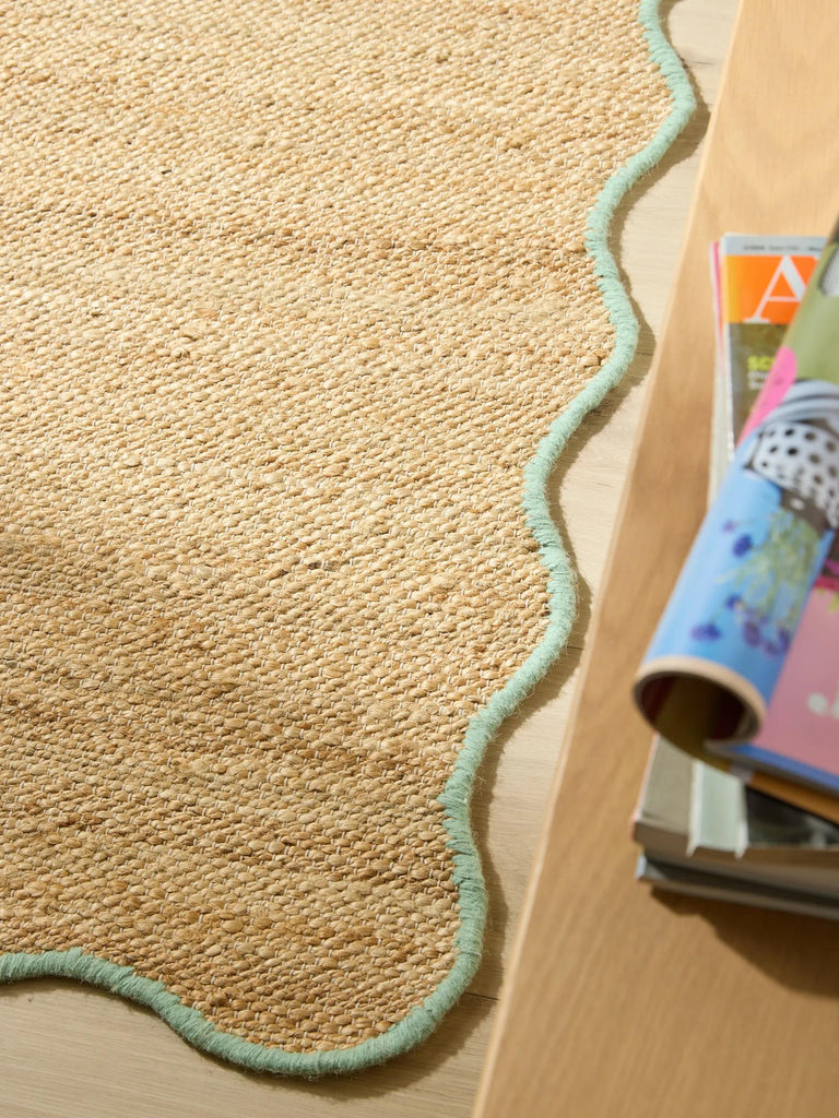 Tapis scandinave motif vague de couloir marron et turquoise en jute 80x250 cm