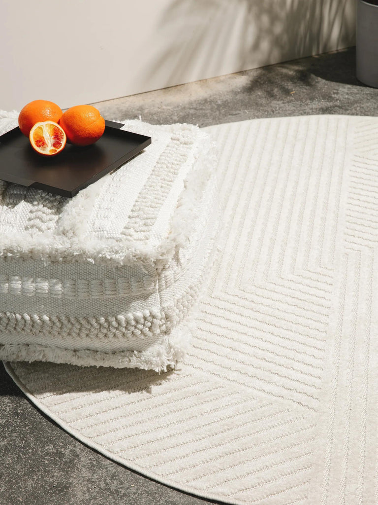 Tapis moderne géométrique rond blanc d'intérieur et d'extérieur 160 cm de diamètre