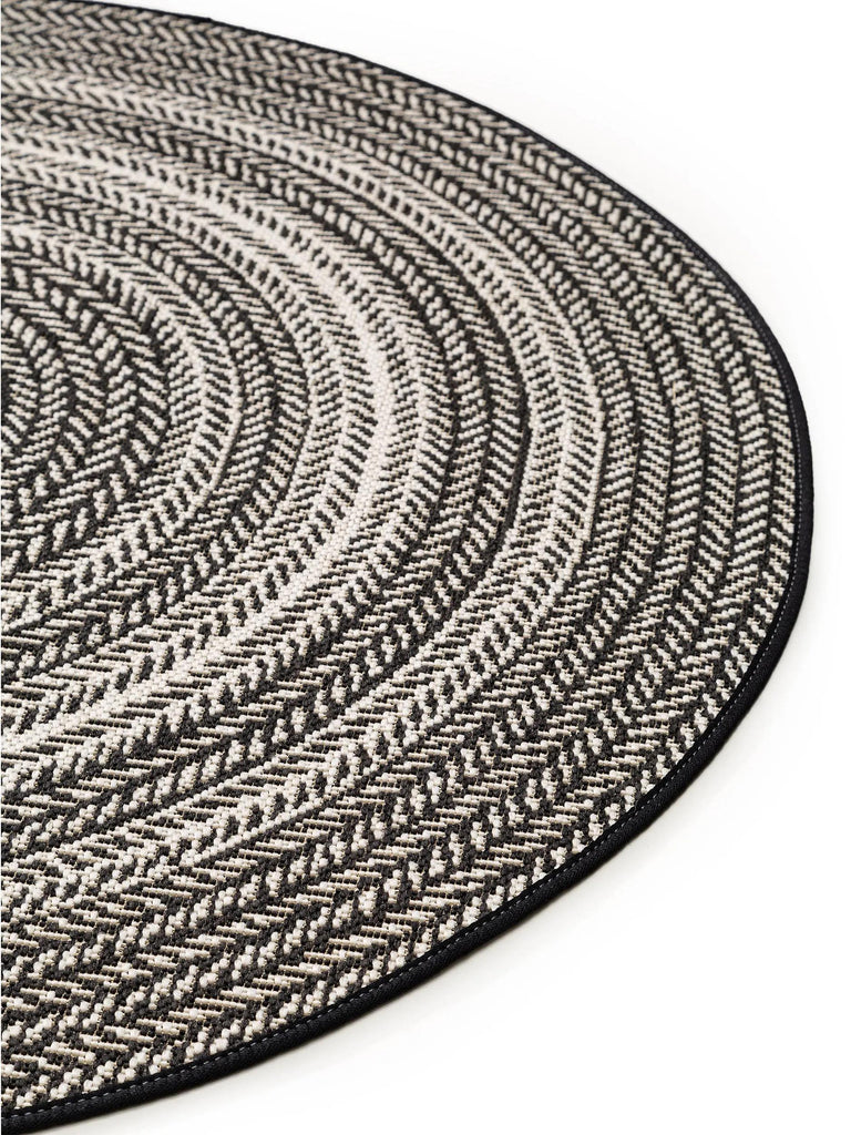 Tapis géométrique motif ethnique rond noir et blanc d'intérieur et d'extérieur 120 cm de diamètre