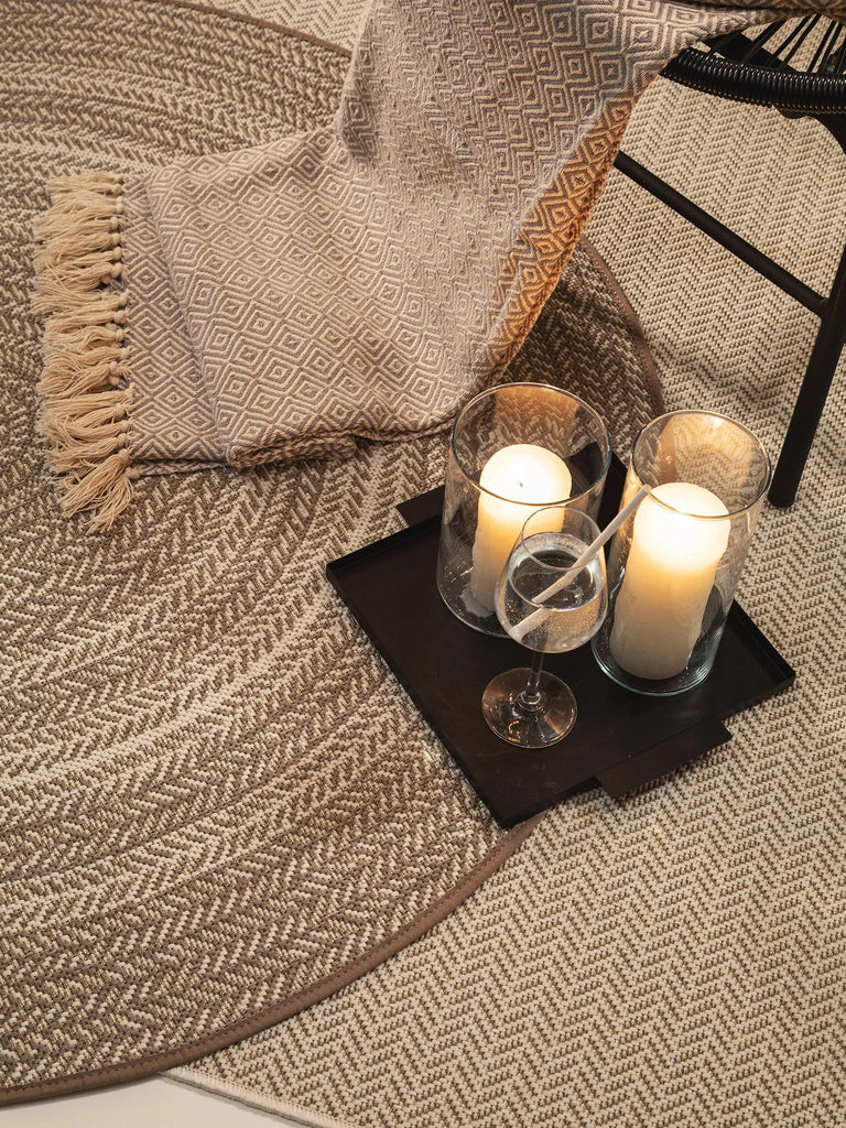 Tapis géométrique motif ethnique rond crème et taupe d'intérieur et d'extérieur 120 cm de diamètre