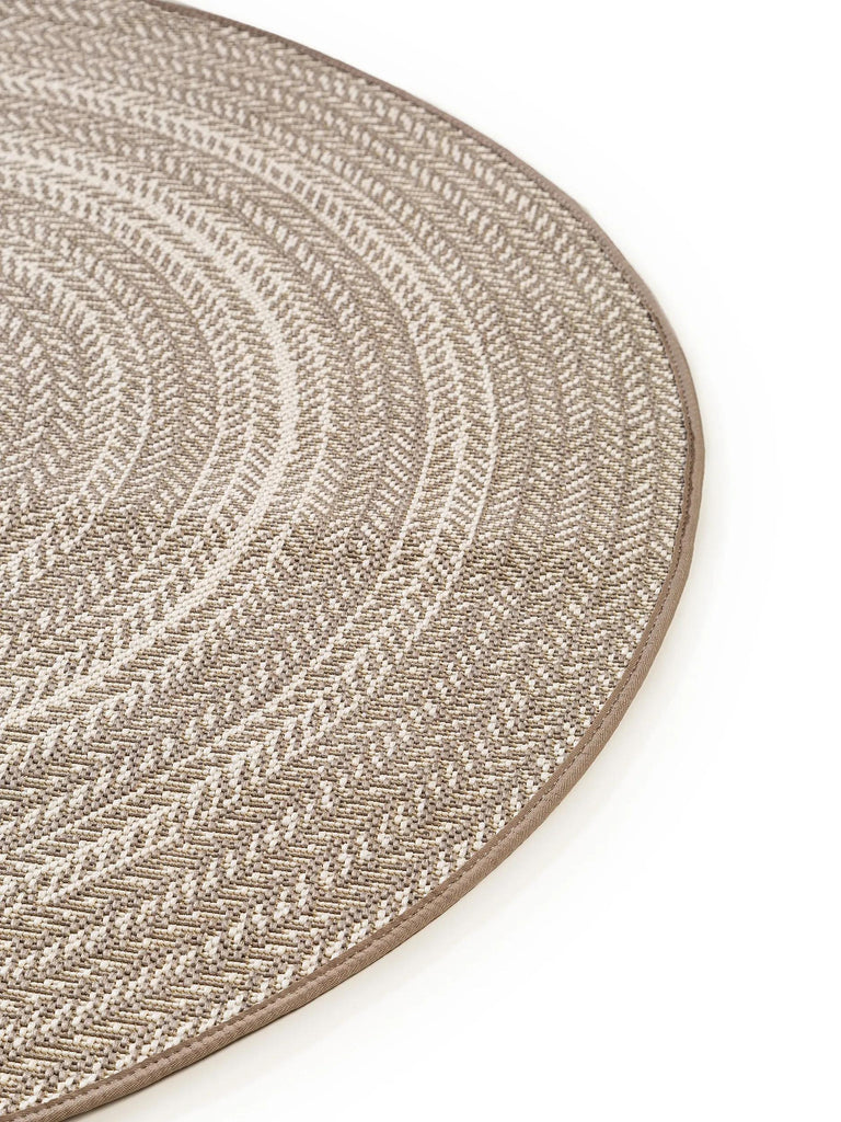 Tapis géométrique motif ethnique rond crème et taupe d'intérieur et d'extérieur 120 cm de diamètre