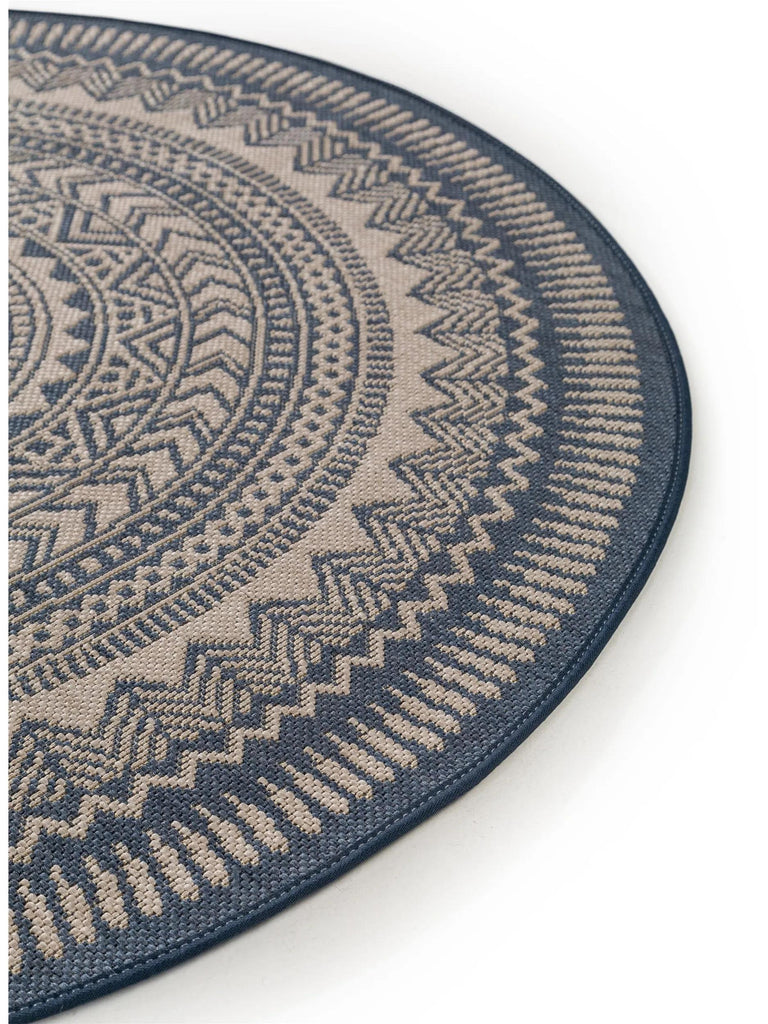 Tapis géométrique motif berbère rond bleu d'intérieur et d'extérieur 120 cm de diamètre