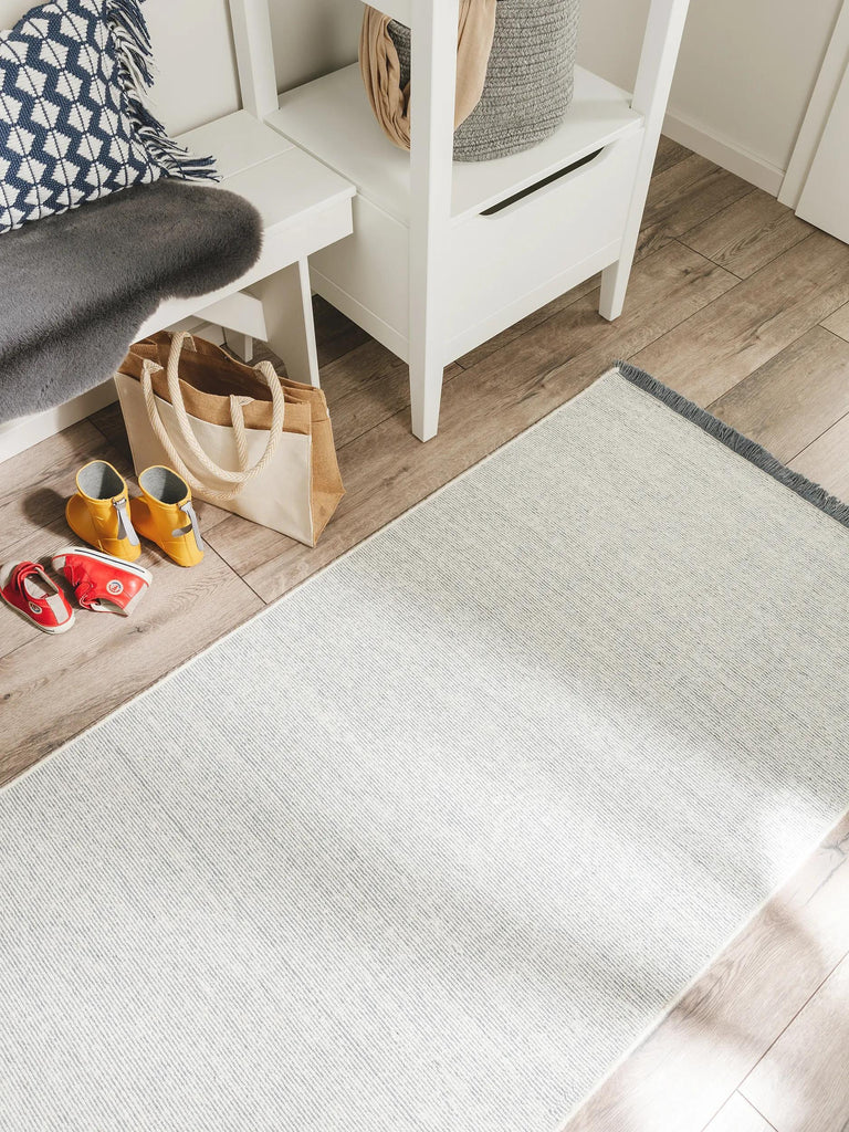 Tapis scandinave à franges descente de lit bleu et gris en laine 80x250 cm