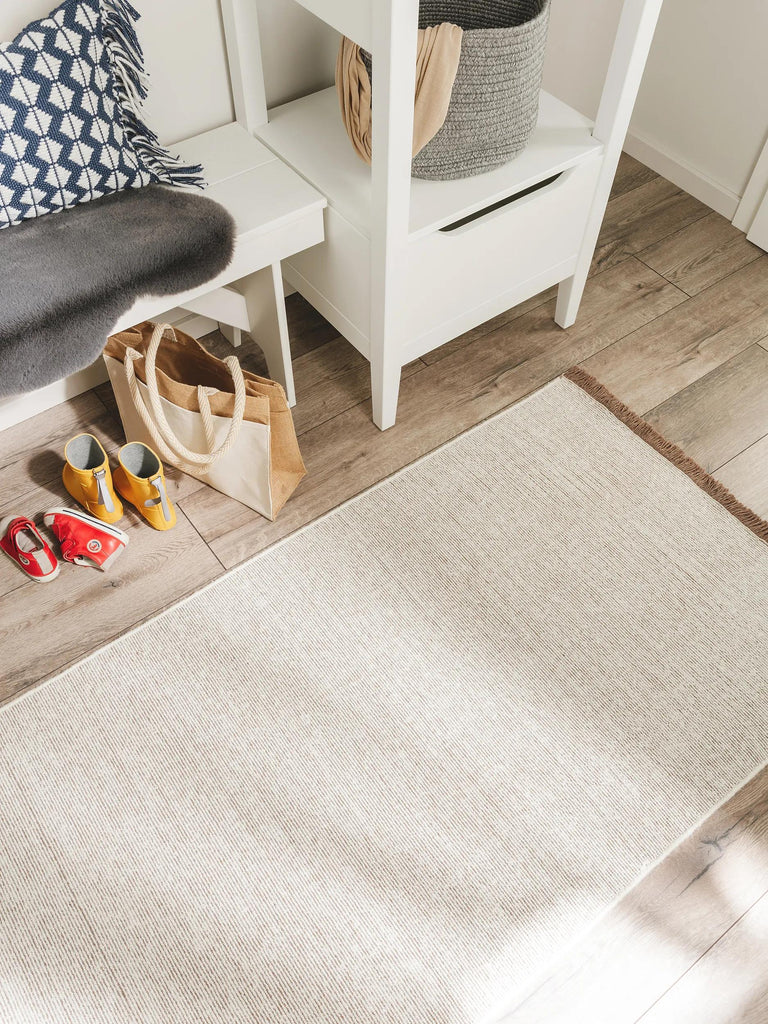 Tapis scandinave à franges descente de lit blanc et marron en laine 70x200 cm