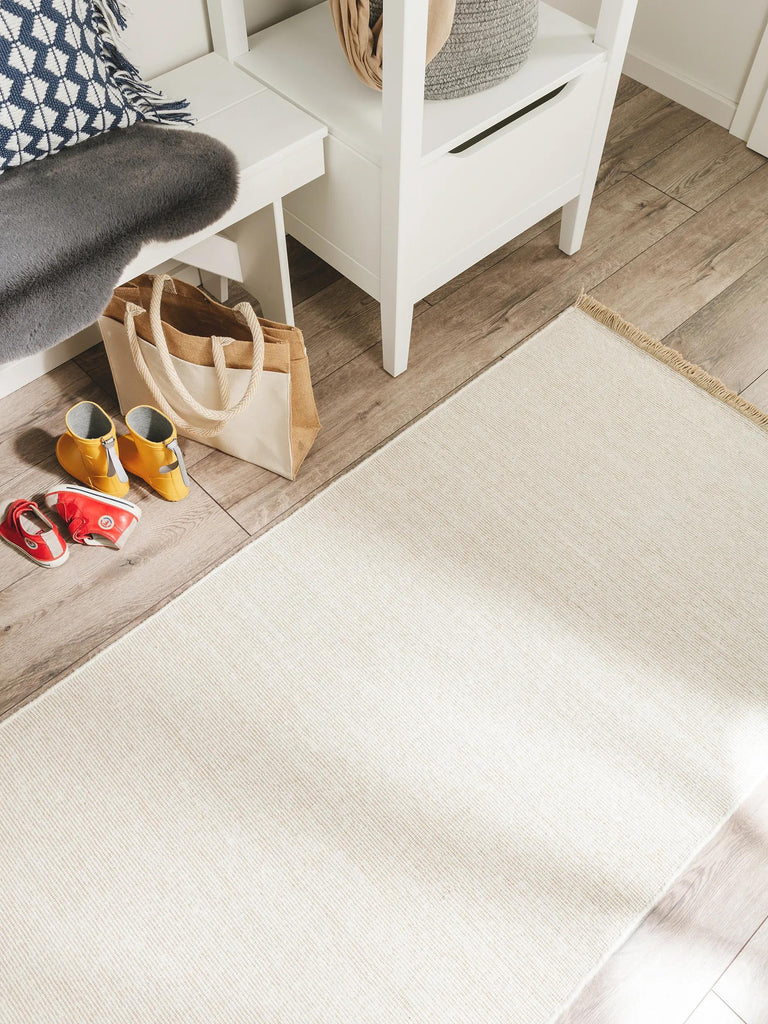 Tapis scandinave à franges descente de lit beige en laine 70x200 cm