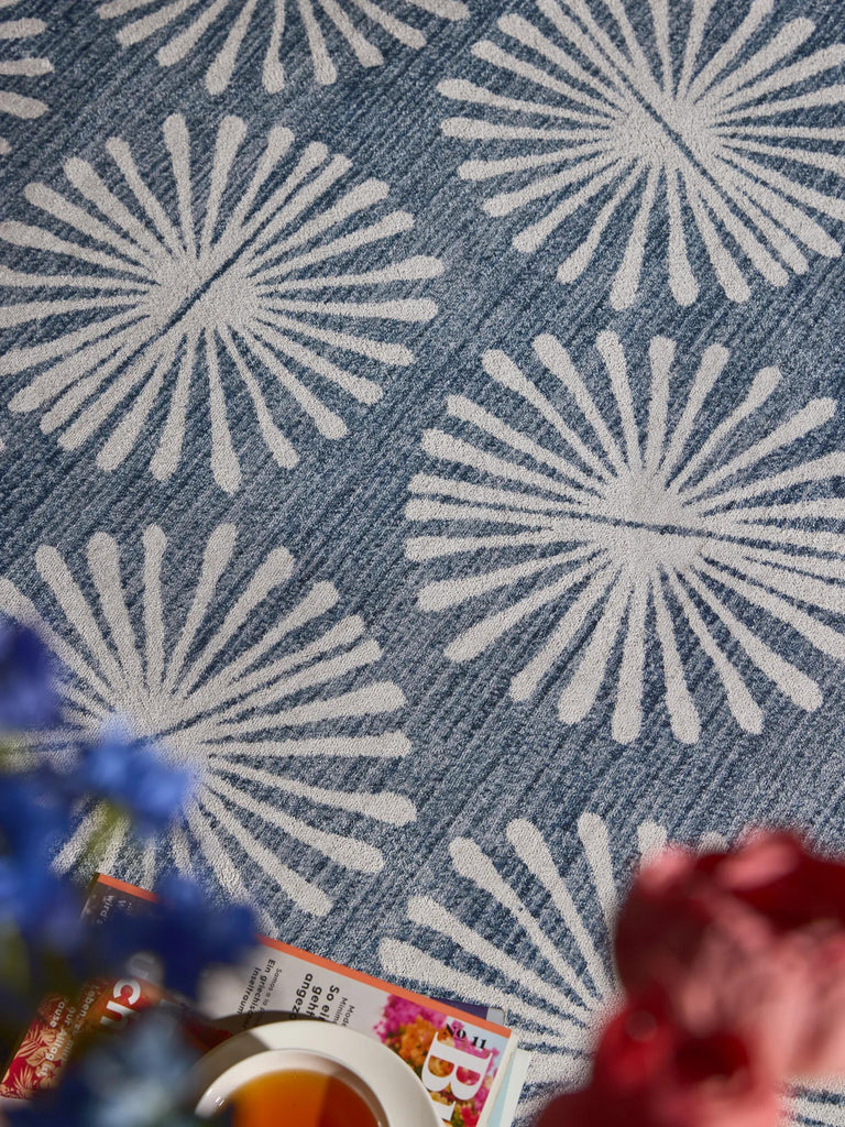 Tapis retro motif à fleurs rond bleu et blanc 160 cm de diamètre