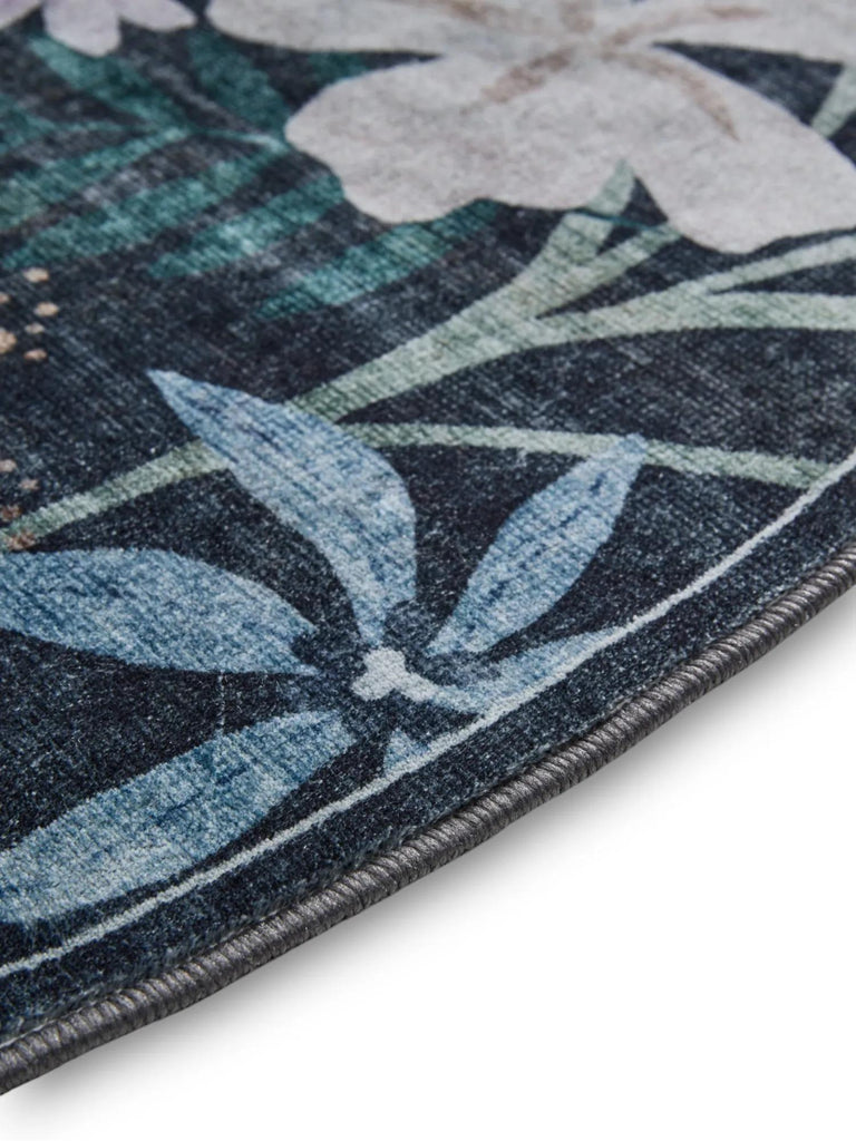 Tapis retro motif à fleurs rond multicolore et noir 160 cm de diamètre