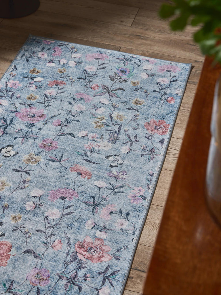Tapis retro motif à fleurs de couloir bleu et rose 80x240 cm