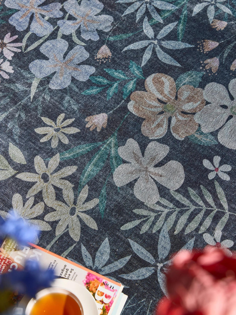 Tapis retro motif à fleurs rond multicolore et noir 160 cm de diamètre